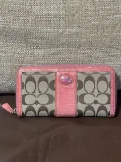 COACH 長財布 ラウンドファスナー ピンク シグネチャー