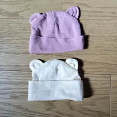 クマ　耳付きベビー帽子2点セット（ピンク・クリーム）双子