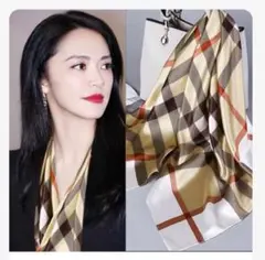 90x90cm 大判チェック柄 シルク風 スカーフ バンダナ ベージュ ブラウン