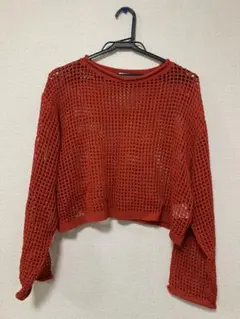 オレンジ メッシュ編み トップス Lサイズ