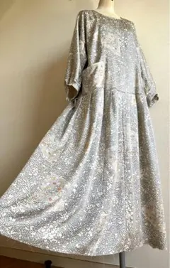 着丈お直し可　一点物　M〜　正絹ちりめん　着物リメイクポケット付ロングワンピース