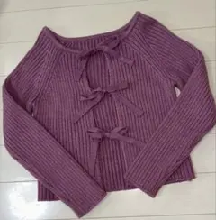 ニット　カーディガン　リボン　パープル　ラベンダー　フロントリボン　ピンク