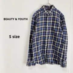 ビューティー&ユース　ボタンダウンシャツ　S チェック柄　ブルー　長袖
