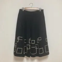 ロングフレアスカート プリーツ 幾何学模様 刺繍 黒 レディース M 毛 秋冬