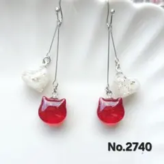2739　ネコ&ハート　ガラス　ラメ入り　レジン　イヤリング　ピアス