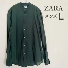 ZARA メンズ バンドカラーシャツ Lサイズ グリーン リラックスフィットのサムネイル
