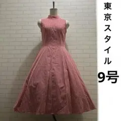 ストライプ　レトロ　ロング　個性派　フレアスカート　ノースリーブワンピース