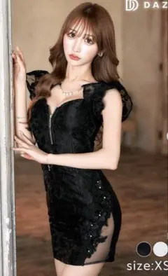 Dazzy パールフラワー総レースフロントジップタイトミニドレス