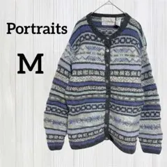 Portraits【M】フェアアイル柄 カーディガン 北欧 レトロ 手編み 青