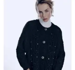 ZARA 黒 ケーブル編み ニットカーディガン　ビジュー　ラグジュアリー
