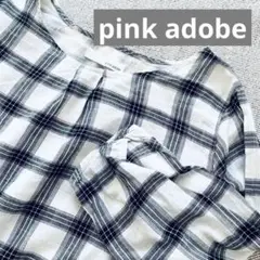 【pink adobe】秋服 黒×白チェック柄 七分袖ブラウスバックシフォン付き