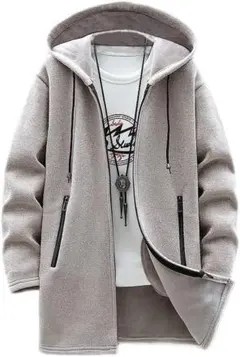 ２XL　カーディガン メンズ 秋服 冬服 ロングパーカー　裏起毛　ベージュ　無地