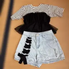 【まとめ売り】PINKLATTEチュール黒白ボーダー半袖 ショートパンツ