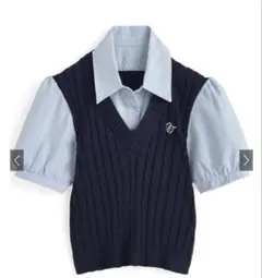 ケーブルニットロゴ刺繍ベストレイヤード風シャツ[fs05]