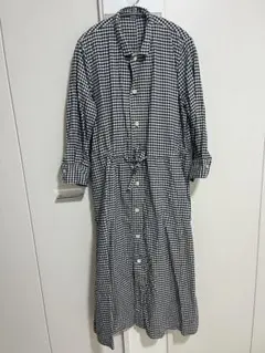 45R/リネン✖️コットン　ギンガムチェックワンピース ブルーホワイト 45R/リネン✖️コットン ギンガムチェックワンピース ブルーホワイト