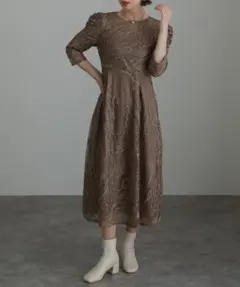 atlo グレイッシュ M ミモレ丈Aラインワンピースドレス結婚式二次会お呼ばれ