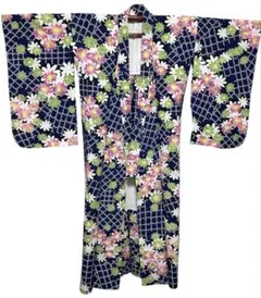 【希少・袖丈65cm】美品 浴衣 紺地に華やかな花　格子柄 レトロモダン色違い有