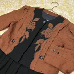 ⭐️レトロ古着　ドット柄　花　刺繍　ワンピース⭐️昭和　ヴィンテージ　茶　黒　冬春