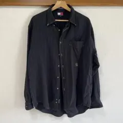 90s TOMMY HILFIGER 刺繍ロゴ ブラックシャツ　L