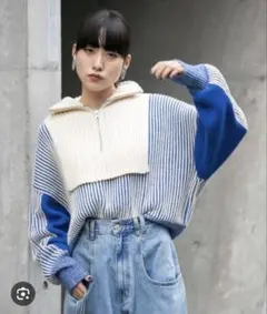 KBF レイヤードハーフZIPニット ブルー×アイボリー