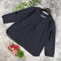 ✨INDIVI✨サイズL相当 ストライプ柄 ノーカラーブラウス 長袖のサムネイル