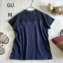 ジーユー　半袖　カットソー　M  ネイビー　レース　シアー　花柄　バックボタン