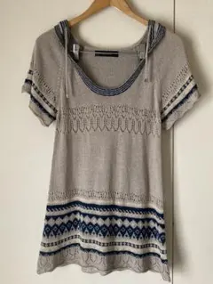 B.K.M.S. ニットチュニック 半袖 フード付き 透かし編み ボーダー柄