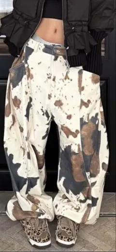 カウ柄 ワイドレッグデニムパンツ L