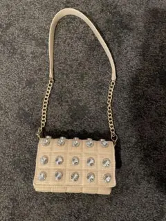 クリスタル装飾 ベージュショルダーバッグ