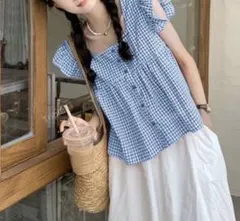 ギンガムチェック フリル袖 ノースリーブ