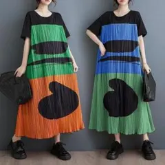 【新品】大きいサイズ春夏プリーツ　ワンピース　半袖ゆったり ロング