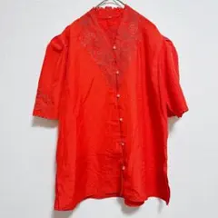 赤色 刺繍入り 半袖シャツ 【FREE】レース ブラウス 半袖 レディース