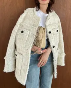 極美品　CLANE ノーカラー　ツイードジャケット　ホワイト　サイズ1　M相当 極美品】CLANE ノーカラー ツイードジャケット ホワイト サイズ1 M相当