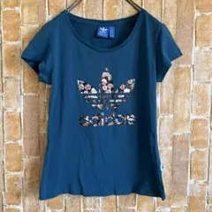 adidas アディダス フラワープリント Tシャツ ブルー 半袖 M
