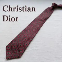 クリスチャンディオール ネクタイ 赤色 小紋柄 ダイヤ柄 高級感 【n8674】