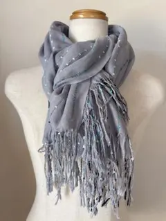 グレー ストライプ ストール フリンジ付き