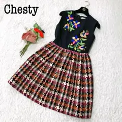 【極美品】Chesty 花柄刺繍 ツイードドッキングフレアワンピース S