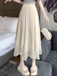 ティアード フレア シフォン オフホワイト 裾フリル Aライン ロングスカート