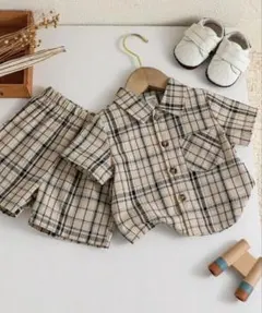 【セットアップ上下セット★】チェック柄セットアップ　半袖　シャツ　ショートパンツ
