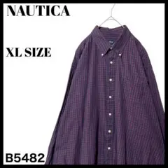 90s nautica ノーティカ チェック 長袖ボタンダウンシャツ 紺赤 XL