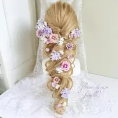 やさしい彩り✧ くすみパープル × くすみピンクの花飾り｜髪飾り・編みおろし・紫