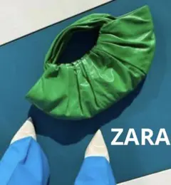 ZARA 本レザー　ハンドバッグ　レザーバケットハンドバッグ　グリーン