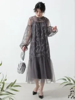Dorry Doll リボンエンブロイダリーレイヤードドレス　チャコール