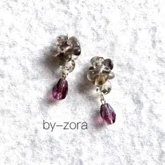 スモーキー グレー ガーネット ドロップ ビーズ ゴールド イヤリング ピアス