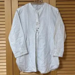 UNIQLO リネンブレンドストライプバンドカラーシャツ 七分袖 Lサイズ