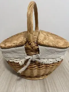 リネン　蓋付きパニエ　ピクニックカゴ　バスケット　カゴバッグ　大きめ