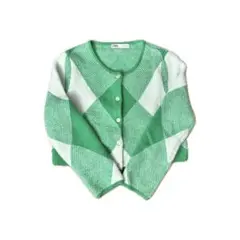ZARA 緑と白のダイヤモンドカーディガン M