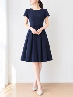 ネイビー パーティードレス リボンベルト付き　結婚式　オケージョン