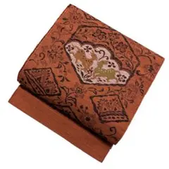 ユ213名古屋帯 松葉 単帯　紬　鹿　唐草花柄 正絹 着物帯　仕立て上り