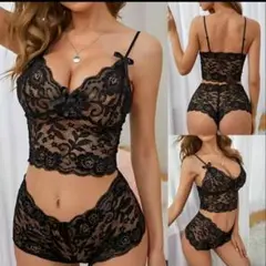 セクシーランジェリー　下着　セットアップ　総レース　黒　リボン　エロかわ
